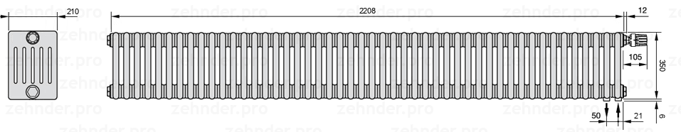 Схема (чертеж) Радиатор Zehnder Charleston 6035/48 №V002 Белый глянцевый RAL 9016